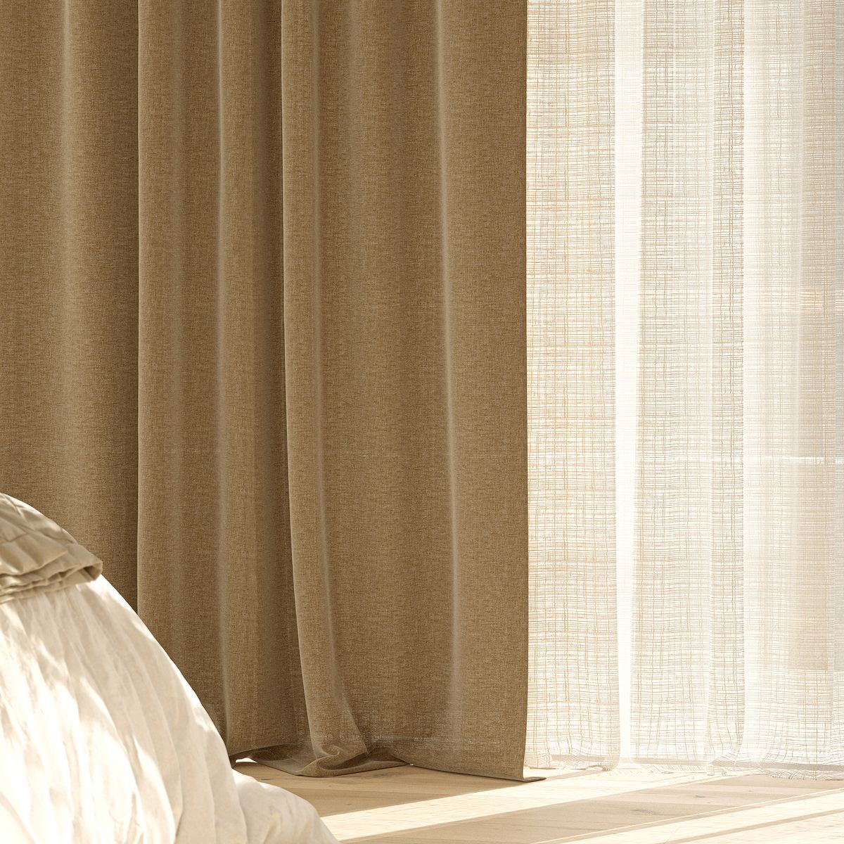 Braune Gardine im Vordergrund mit einer helleren Gardine dahinter